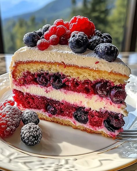 🍓 Mixed Berry Layer Cake 🍰 A moist and delicious cake bursting with fresh berries and topped with a creamy frosting. Perfect for any celebration! Ingredients: For the Cake: - 2 1/2 cups all-purpose flour - 2 1/2 tsp baking powder - 1/2 tsp salt - 1 cup unsalted butter, softened - 1 1/2 cups granulated sugar - 4 large eggs - 1 tsp vanilla extract - 1 cup whole milk - 1 cup mixed berries (strawberries, raspberries, blueberries, blackberries) For the Berry Filling: - 2 cups mixed ... Gourmet Birthday Cake, Fruit Filled Cake, Berries And Cream Cake, Desserts With Berries, Berry Layer Cake, Mixed Berry Cake, Berry Filling, Creamy Frosting, Berry Dessert