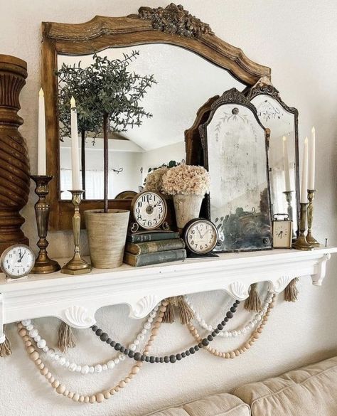 Vintage Farmhouse Fireplace Decor, How To Decorate Vintage Style, Wall Mantle Without Fireplace, French Country Wall Decor Living Room, Antique Fireplace Mantels Decor, French Mantle Decor, Mantle With Mirror Decorating Ideas, Antique Home Decor Ideas Living Room, Mirrors On Mantle