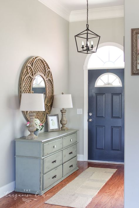 Darlana Pendant Lantern Knock-off for the Foyer! LOVE this light for less than $100!! Navy Paint Colors, Fall Entryway Decor, Best Blue Paint Colors, Pendant Lantern, Grey Backsplash, Hale Navy, Fall Entryway, Foyer Decorating, Favorite Paint Colors