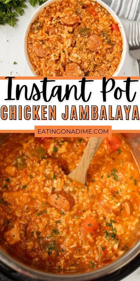 Instant Pot Jambalaya can be ready in minutes for a dinner that everyone will love. It's packed with Cajun flavor and makes an amazing meal. This Instant Pot Chicken and Sausage Jambalaya recipe is super easy to make and delicious too! #eatingonadime #instantpotrecipes #pressurecookerrecipes #chickenrecipes #cajunrecipes Jumbolia Recipes, Chicken And Sausage Jambalaya Recipe, Jambalaya Crockpot, Chicken Jambalaya Recipe, Jambalaya Recipe Instant Pot, Instant Pot Jambalaya, Sausage Jambalaya Recipe, Chicken Jambalaya, Jambalaya Recipe Easy