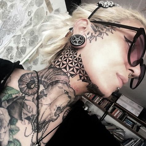 Mandala Side Neck Tattoo, Neck Tattoos Women Geometric, Flower Of Life Throat Tattoo, Flower Of Life Tattoo Neck, Geometric Neck Tattoo For Women, Neck Tattoo Filler Ideas, Sacred Geometry Neck Tattoo, Half Neck Tattoo, Flower Of Life Neck Tattoo