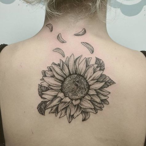 A fingerprint  in the centre of a Sun flower. Sunflower With Fingerprint Tattoo, Sunflower Fingerprint Tattoo, Fingerprint Flower Tattoo, Fingerprint Tattoo Ideas, Finger Print Tattoo, Thumbprint Tattoo, Fingerprint Tattoo, Hammer Tattoo, Fingerprint Tattoos