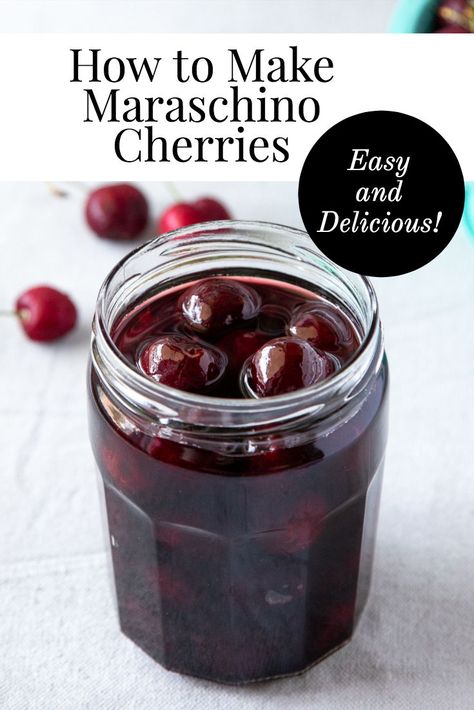 How to Make Maraschino Cherries - these unbelievably delicious homemade maraschino cherries are so easy!!  Don't buy those crazy dyed ones from the store, make your own!  #maraschinocherries Maraschino Cherries Recipes, Marachino Cherries, Fancy Ice Cream, Cherry Ice Cream, Tart Cherry Juice, Maraschino Cherries, Ice Cream Dishes, Homemade Condiments, Frozen Cherries