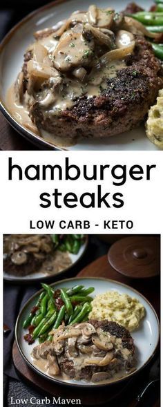 Hamburger Steak And Gravy, Hamburger Steaks, Low Carb Maven, Hamburger Steak, Resep Diet, Meat Recipe, Mushroom Gravy, Hamburger Meat, Vegan Keto