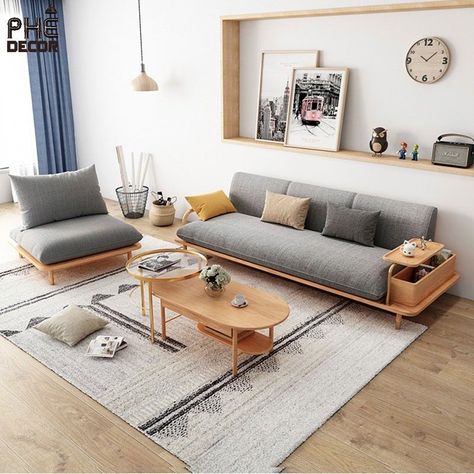 Japanese Sectional Sofa, Sofa Japandi, Minimalist Living Room Furniture, Boho Decor Ideas, Wooden Sofa Designs, Minimalist Sofa, Deco Studio, Sofa Bed Design, Set Sofa