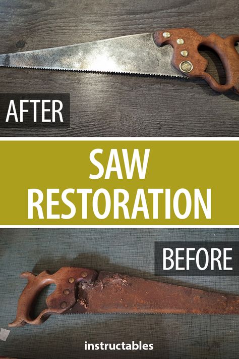 Repurposed Saw Blades, Old Hand Saw Ideas Projects, Woodworkers Bench, Old Saw Blades Ideas, How To Clean Rusty Tools, Clean Rusty Tools, Cleaning Rusty Tools, Clean Rusty Tools Removing Rust, Rusty Knife