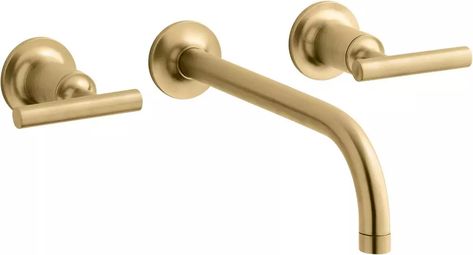 KOHLER Two Handle Wall Mount Widespread Bathroom Sink Faucet in Vibrant® Brushed Moderne Brass | Ferguson Masculine Bathroom, Wall Mount Faucet Bathroom Sink, Kohler Purist, Kohler Bathroom, Wall Mount Faucet Bathroom, Wall Mount Sink, Wall Mounted Sink, Wall Mount Faucet, Wall Mounted Bathroom Sink