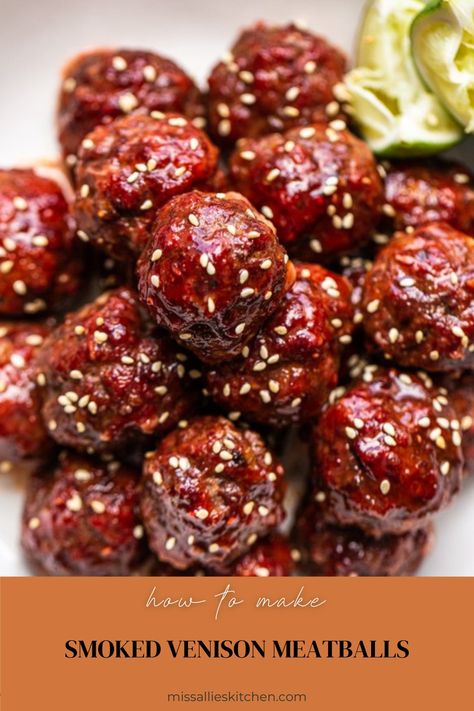 These smoked venison meatballs are the perfect appetizer or protein for a main dish meal. The sweet & spicy glaze is heavenly with the kiss of smoke. Smoked Venison, Venison Meatballs, Elk Recipes, Cocktail Meatballs, Wild Game Recipes, Venison Recipes, Smoker Recipes, Smoked Food Recipes, Wild Game