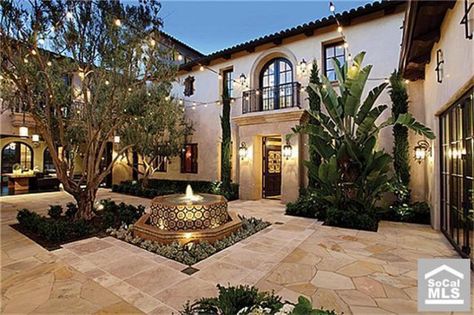 #Courtyard Spanish Courtyard Fountain, Mexican Fountain Hacienda Style, Hacienda With Courtyard, Spanish Courtyard Ideas, Spanish Courtyard House, Spanish Style Courtyard, Spanish Courtyard, Interior Courtyard, Hacienda Homes