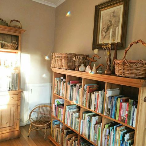 Basket For Book Storage, Two Person Chair, Small Boho Home Office, Simple Homeschool Room, Homeschool Aesthetic, Homeschool Bookshelf, One Room Schoolhouse, Homeschool Room Design, Country Kitchen Ideas