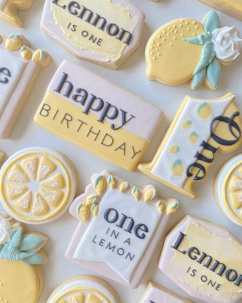 Happy Birthday Royal Icing Cookies, Bday Cookies, Lemon Birthday, Cookie Board, First Birthday Cookies, Sugar Cookie Designs, Fancy Cookies, Bday Girl, Lemon Cookies