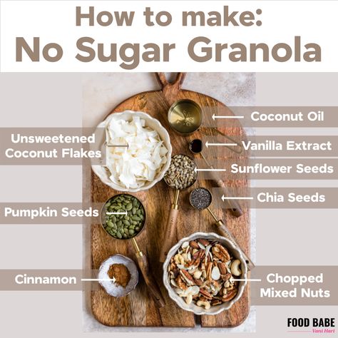 No Sugar Granola Recipe - Perfect for a Sugar Detox Homemade Sugar Free Granola, Pumpkin Seeds Cinnamon, Diy Granola, Sugar Free Granola, Low Sugar Granola, Organic Granola, Protein Granola, Granola Recipe Healthy, Honey Granola