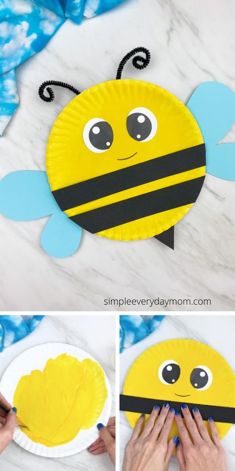 This paper plate bee is a fun and easy craft for kids! Download the free printable template and make with preschool, prek and kindergarten children. Bee Egg Carton Craft, Bubble Bee Craft, Spelling Bee Background, Bee Craft Kindergarten, 3d Bee Craft, Bees Kindergarten, Bee Crafts Preschool, Bee Kindergarten, Bee Paper Craft