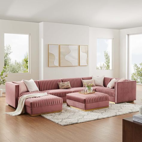 Glamour radiates from the organic linear design of the Sanguine Channel Tufted Performance Velvet Right-Facing Modular Sectional Sofa. Pink Couches Living Room, Pink And Wood Living Room, Pink Couch Living Room Ideas, Pink Sectional Sofa, Pink Couch Living Room, Small Sectional Sofa, Pink Couch, Living Room Furniture Styles, Velvet Sectional