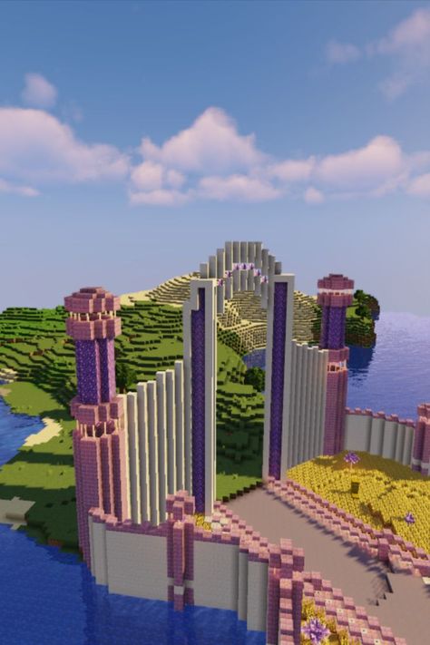 Entrance in the farmland area I built in Minecraft #minecraft #purple #build #amethyst #timelapse #fantasy #magical #house #purpur #white #quartz #shaders #sildurs #aesthetic #pathway #canal #waterway #waterfall #farm #farmlands #gate #walls #windmill #storehouse #barn #silo #wheat #field Minecraft Gate Entrance Ideas, Aesthetic Pathway, Minecraft Purple, Minecraft Palace, Garden Minecraft, Magical House, Minecraft Farm, Timelapse Video, Easy Minecraft Houses