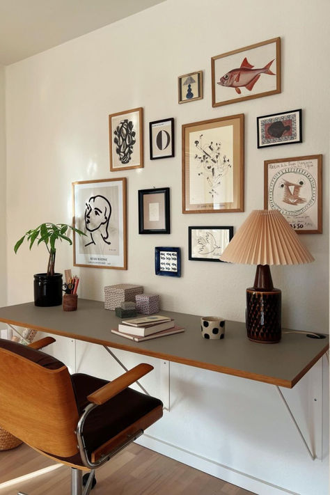 Your home office space shouldn't feel different from the rest of your home. Carry through your personality and style into the room with vintage furniture, artwork and homeware. We also love the addition of this mid century lamp to the desk area. Find the perfect pieces on Vinterior and elevate your work space. Image via interiorunivers on Instagram. Ikea Home Office Ideas, Ikea Home Office, Functional Office, Ikea Inspiration, Minimalist Shelves, Minimalist Home Office, Cozy Desk, Ikea Finds, Cozy Home Office