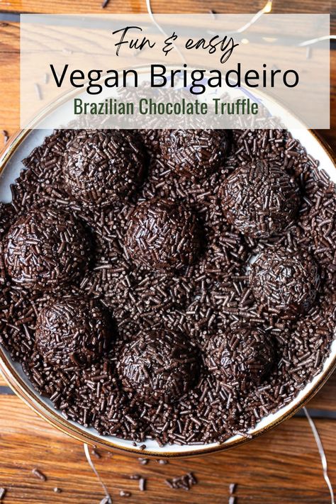 Elevate your holiday desserts with these Vegan Brigadeiro truffles. An easy and delicious vegan dessert that's perfect for Christmas baking. Join the fun of vegan dessert recipes with these mouth-watering chocolate delights! Vegan Brigadeiro Recipe, Vegan Brazilian Food, Vegan Brazilian Recipes, Vegan Party Desserts, Vegan Brigadeiro, Brazilian Truffles, Chocolate Truffle Recipe, Brigadeiro Recipe, Brazilian Chocolate