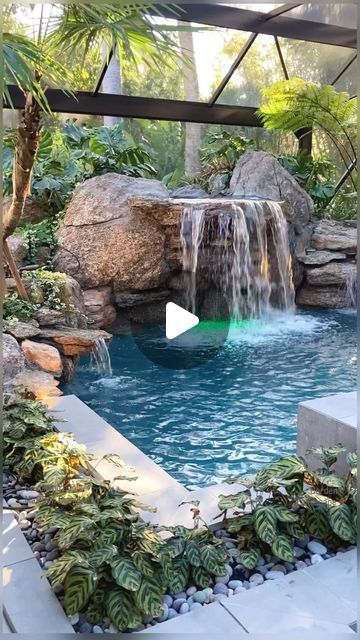 Pool Waterfall Landscaping, Backyard Photography, Garden Landscaping Backyard, Swimming Pool Enclosures, Landscaping Backyard, Pool Enclosures, Garden Swimming Pool, Pool Waterfall, Tropical Garden