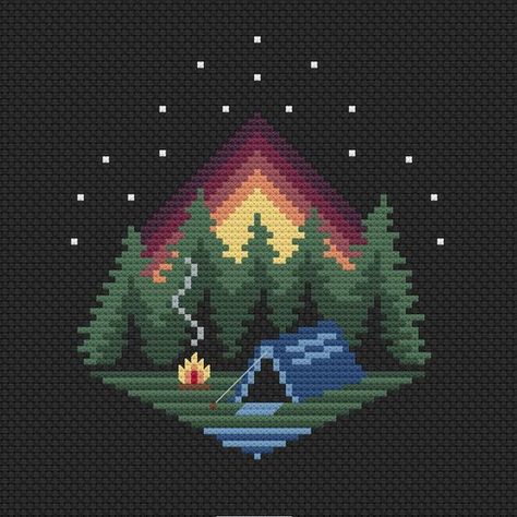 Hello and welcome to the enchanting world of cross-stitch! Black Canvas Cross Stitch, 2 Inch Cross Stitch Pattern, Pixel Art Camping, Camping Pixel Art, Cross Stitch Black Background, Cross Stitch Patterns Nature, Cross Stitch Art Pattern, Camping Cross Stitch Patterns, Small Cross Stitch Patterns