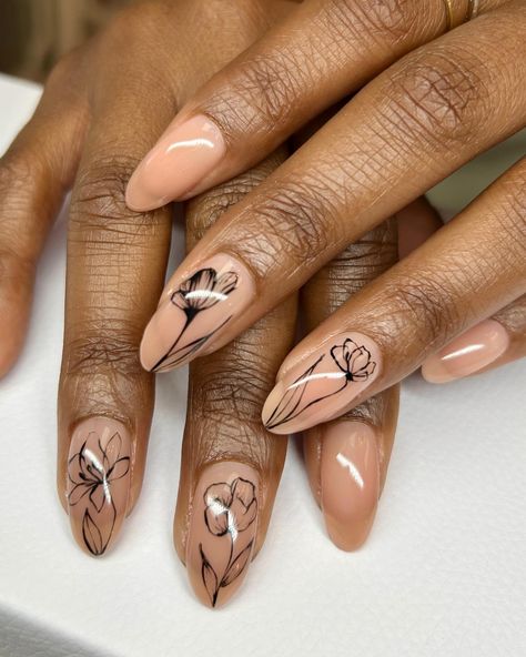 A flower does not think of competing to the flower next to it, it just blooms 💐🌷🪻🌺 Fall Nail Designs Flowers, Flower Outline Nails, Nude Gel Manicure, Nude Nails With Black Design, Dahlia Nails, Flowers On Nails, Engagement Board, Spring Manicure, Designer Nails