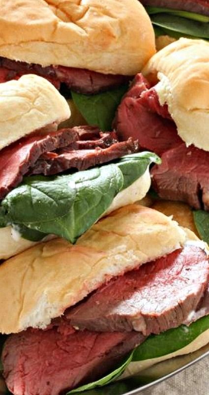 Beef Tenderloin Sliders Tenderloin Horseradish Sauce, Beef Tenderloin Sliders, Tenderloin Sliders, Vodka Slushies, Christmas Bunco, Beef Tenderloin Recipes, Awesome Appetizers, Tenderloin Roast, Beef Sandwiches