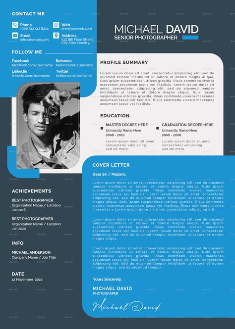 Photographer CV Design Photographer Resume, Resume Cv Design, Design Advertisement, Graphic Eyeliner, Cv Resume, Cv Design, Modern Resume, Graphic Design Trends, Cv Template