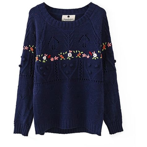 Chicnova Fashion Manual Crochet Long Sleeves Knitwear ($40) ❤ liked on Polyvore featuring tops, sweaters, blue top, knitwear sweater, long sleeve crochet top, blue crochet top and long sleeve tops Estilo Real, Kurti Embroidery Design, Latest Sweater, Wool Embroidery, Round Neck Sweatshirts, Embroidered Clothes, Embroidered Sweater, Embroidery Fashion, Blue Sweater