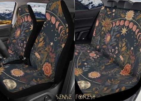 "Botanical witchy Moon phase Celestial Car Seat Cover, Wicca Pagan floral Front back seat cover, Car headrest interior decor, car accessories Made with top-tier, stretchy polyester fabric for long-lasting durability. These seat covers come with an elastic fastening system that delivers a secure, snug fit that is tool-free and easy to install. Both covers feature identical designs. Gold print is a gradient sublimation print, not real foil. ⭐️front back seat covers .: High-quality stretchy polyester fabric .: The front set contains TWO front seat covers .: Full set contains TWO front seat covers and TWO back seat covers .: Quick and easy installation .: Black back cover .: Identical designs printed on both covers .: These car seat covers should NOT be used on a seat with side airbags or arms Cottagecore Car, Cute Car Interior, Bug Decor, Car Headrest, Back Seat Covers, Cute Car Accessories, Xmas Presents, Car Seat Cover, Steering Wheel Cover