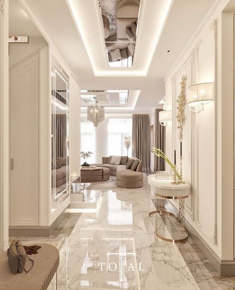 Marble Interior Design Luxury, Marble Like Tiles Living Room, Marble Wall Living Room Luxury, Italian Marble Flooring Living Room, Mramor Floor Interior Design, Modern Classic Interior Design, Marble Flooring Design, Home Hall Design, Luxury House Interior Design