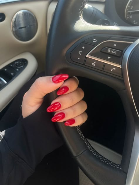 Red spring/summer nails Round Red Nails Acrylic, Valentines Nails Red Almond, Rich Red Nails, Full Red Nails, Outfits With Red Nails, Aesthetic Valentine’s Day Nails, Ferrari Red Nails Design, Red Round Acrylic Nails, Medium Length Red Nails