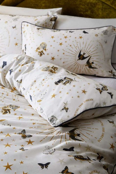 Want to know how to make your bed like an interior designer? Here's how to get a hotel-perfect, professional finish every time you make it Moon And Stars Bedding, Moon Bed Sheets, Celestial Duvet Cover, Moon And Stars Duvet Cover, Astrology Bed Sheets, Rose Duvet Cover, Childrens Bedroom Wallpaper, Kitchen Accessories Storage, Fun Typography