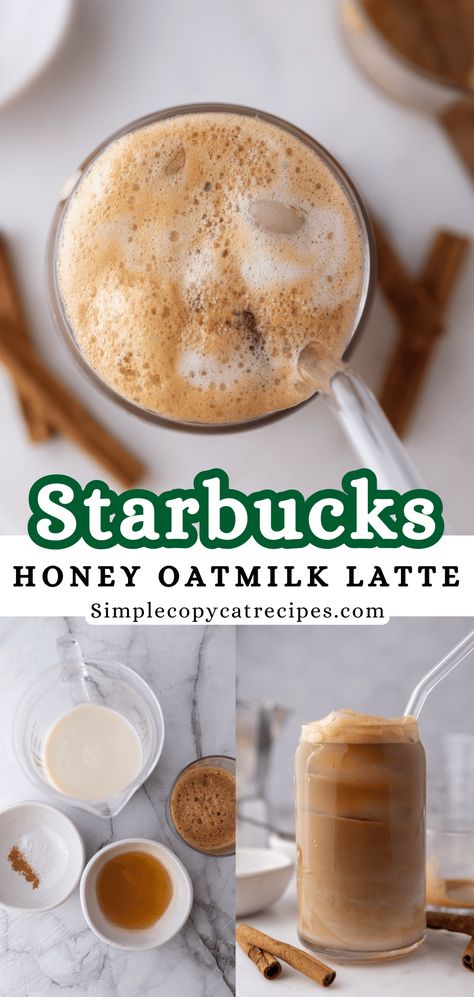 Starbucks Honey Oatmilk Latte Recipe Oatmilk Latte Recipe, Oatmilk Recipe, Pumpkin Spice Frappuccino Recipe, Oatmilk Latte, Pumpkin Spice Frappuccino, Iced Latte Recipe, Homemade Latte, Starbucks Latte, Oat Milk Recipe