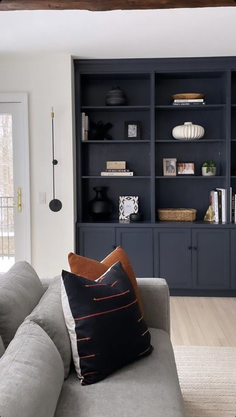 Bookcase By Tv, Dark Bookcases Living Room, Navy Bookshelves, Slate Blue Built Ins, Navy Bookshelves Built Ins, Slate Blue Book Shelves For Den, Dark Blue Bookshelves, Black And Blue Bookshelf, Dark Blue Bookcase