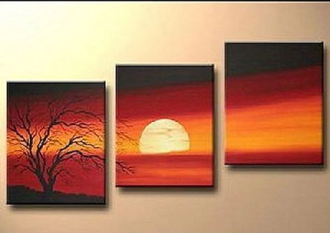 Split Canvas Painting Ideas, Multi Canvas Painting, Multiple Canvas Paintings, Three Paintings, Simple Wall Art, Small Canvas Paintings, Canvas Painting Ideas, Simple Canvas Paintings, Canvas Painting Tutorials