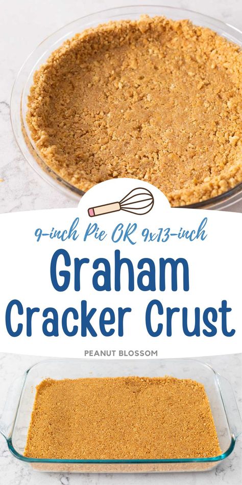 Learn how to make a round or 9x13-inch graham cracker crust with this easy make ahead recipe. Use it for a no bake dessert filled with pie filling or pudding and topped with whipped cream. Perfect for a potluck party or dessert to bring to a holiday. Healthy Graham Cracker Crust, Graham Cracker Mini Cups, Recipe For Graham Cracker Crust, Banana Pudding With Graham Cracker Crust, Desserts Made With Graham Crackers, Graham Cracker Crust Baked, Pie Crust Recipe Graham Cracker, Recipes That Use Graham Crackers, Blueberry Pie With Graham Cracker Crust