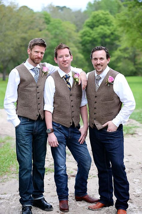 Groom Vest And Jeans, Groom In Jeans And Vest, Casual Groom Attire Rustic, Mens Country Wedding Attire, Mens Wedding Vest, Blue Jean Wedding, Groom In Jeans, Vest For Men Wedding, Country Wedding Outfit