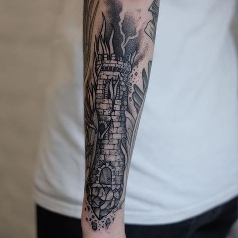 Blackwork style burning tower tattoo by Sasha Tattooing inked on the left forearm Tower Tattoo, Apocalypse Tattoo, Chess Tattoo, Aa Tattoos, The Tower Tarot, Castle Tattoo, Tarot Tattoo, Money Tattoo, Dotwork Tattoo