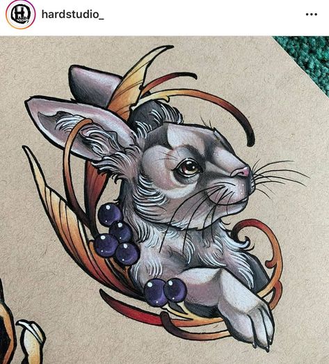 Neo Trad Rabbit, Jackalope Tattoo Neotraditional, Neo Traditional Rabbit Tattoo, Neo Trad Animals, Neo Traditional Rabbit, Bunny Rabbit Tattoo, Rabbit Tattoo Design, Pet Portrait Tattoo, White Rabbit Tattoo