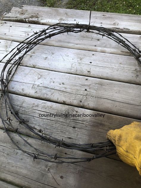 I've been playing around with old rusty barb wire and just finished making a wreath. This will look great hanging in my house.    Since the "before" picture is kind of ugly, here's what my wreath looked like when it was finished.    Here's the length of old wire I had to work with. I wore leather gloves to handle the wire. I coiled it into a circle as best I could.    I wound the end around the wire, you can see it at the bottom of the photo. I left several inches, because I will use… Barbed Wire Wreaths Diy, Barbwire Christmas Wreath, Barb Wire Christmas Wreath, Barbed Wire Wreath Craft With Horse Shoes, Barbed Wire Circle, Barbed Wire Wreath, Coffee Table Upcycle, Making A Wreath, Pallet Potting Bench