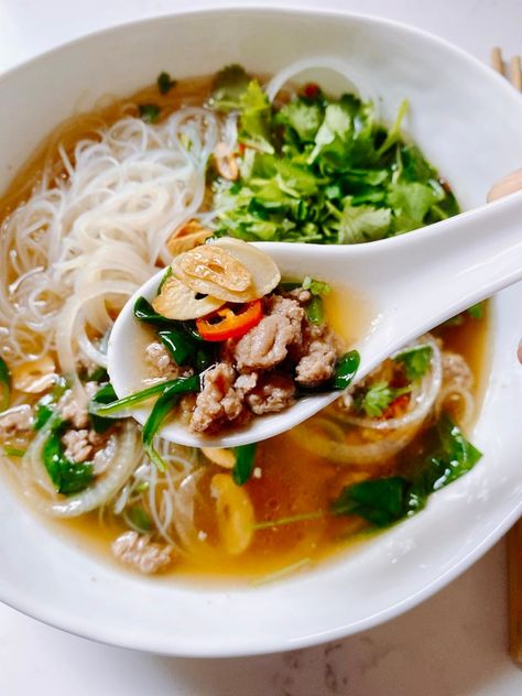 Brothy Soups, Brothy Soup Recipes, Pho Soup Recipe, Pork Noodle Soup, Pork Soup Recipes, Vietnamese Grilled Pork, Asian Soup Recipes, Pork Pasta, Rice Noodle Soups