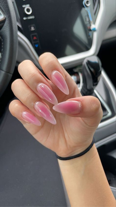 Aura Nails White And Pink, Almond Nails Ombre Designs, Almond Nails Easy Designs, Neutral Pink Nails Design, Pink Chrome Nails With Design, Pink Aura Nails With Chrome, Full Colour Nails, Pink Nails Ideas 2024, Cool Nail Inspo Almond