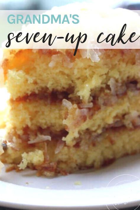 This 7UP cake recipe takes me straight to my childhood. Moist layers of cake with a pineapple coconut frosting. 7 Up Sheet Cake Recipe, 7up Cake Recipe Easy, 7 Up Cake With Pineapple Frosting, Childhood Favorite Recipes, Pineapple 7up Cake Recipe, 7 Up Cake Recipe From Scratch, Seven Layer Cake Recipe, 7 Up Cake With Box Cake, Grandbaby Cakes Recipes