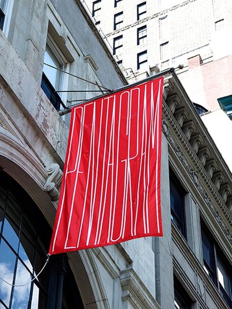 Pentagram banner by Michael Bierut. Flag Signage Design, Nyc Banner, Flag Signage, Sns Design, Banner Signage, Banner Inspiration, Michael Bierut, Restaurant London, Signage System