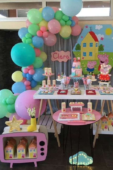 Take a look at this fun Peppa Pig birthday party! The dessert table is awesome! See more party ideas and share yours at CatchMyParty.com Peppa Pig Dessert Table, Pig Birthday Decorations, Pig Birthday Theme, Peppa Pig Birthday Party Ideas, Peppa Pig Birthday Decorations, Pig Birthday Party Ideas, Peppa Pig Party Decorations, Peppa Pig Birthday Party Decorations, Peppa Pig Invitations