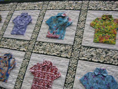 Hawaiian shirt quilt Look what we found...Aloha Shirt pattern by beyondthereefpatterns.com!  Lovely. Hawaiian Shirt Quilt, Shirt Quilt Pattern, Hawaiian Fabric Quilt, Hawaii Leaves, Tropical Quilts, Hawaiian Quilt Patterns, Leaves Seamless Pattern, Memory Blanket, Hawaiian Fabric