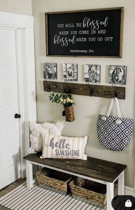 Farmhouse Wall Pictures, Hallway Bench Ideas Entryway Farmhouse, Rental Front Porch Decorating, Dining And Living Room Wall Decor, Bedroom Ottoman Decor Ideas, Entry Bench Ideas Small Spaces, Master Room Furniture Ideas, Large Mirror In Small Living Room, Family Picture Wall Simple