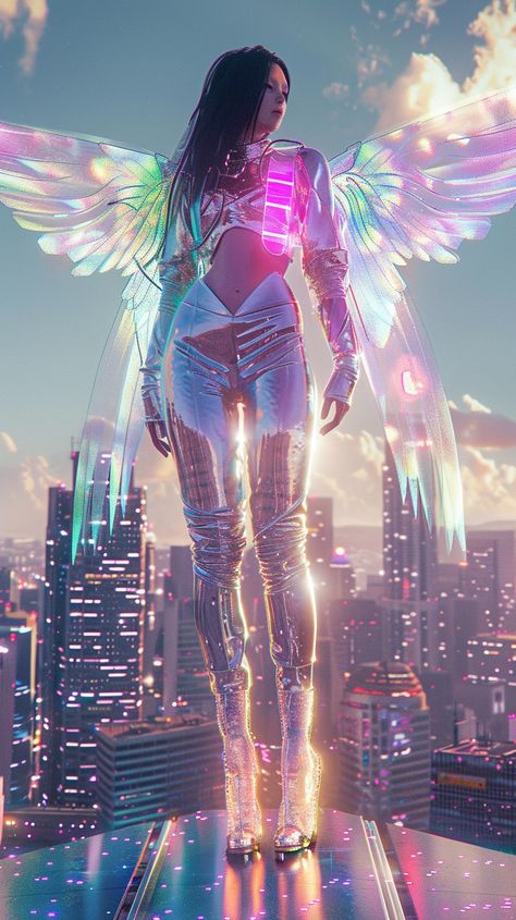 Ultra-realistic photo of a fashionable model in a luminescent, holographic bodysuit paired with transparent winged accessories and sleek, futuristic boots. Set against a vibrant, tech-infused city skyline. --v 6 --ar 9:16 Holographic Bodysuit, Transparent Wings, Sleek Boots, Futuristic Fashion, Tech Fashion, City Skyline, Fashion Inspo, Sleek, Boots