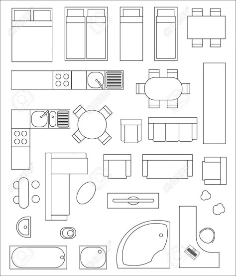 Furniture For Apartments, Floor Plan Symbols, Interior Architecture Sketch, Interior Design Sketchbook, Drawing Furniture, Architecture Blueprints, Wallpaper Black And White, Furniture Design Sketches, Interior Design Plan