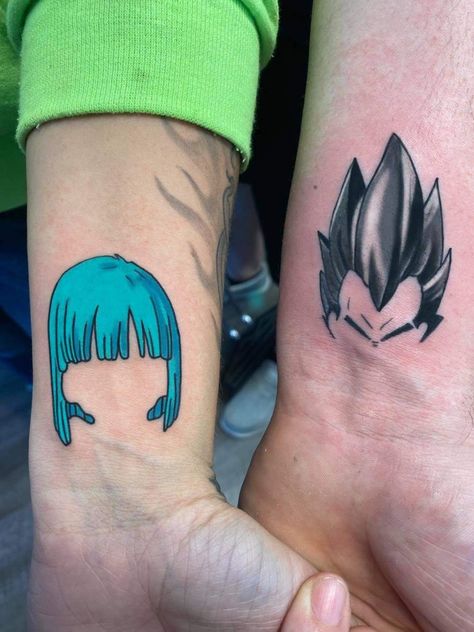 My husband and I got Vegeta & Bulma tattoos. Figured id share it on pinterest incase anyone else was looking for cool anime tattoo ideas to get with their husband/boyfriend. Dragonball Tattoo Ideas Vegeta, Dragon Ball Z Couple Tattoo, Vegeta Bulma Tattoo, Dragon Ball Matching Tattoo, Bulma And Vegeta Tattoo, Dragonball Z Tattoo Ideas, Couple Anime Tattoo, Couples Anime Tattoos, Bulma Tattoo Ideas