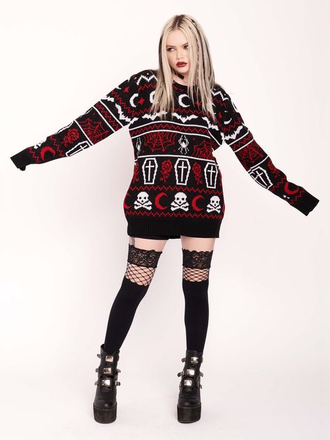 Punk Christmas Outfits, Red Cropped Sweater Outfit, Emo Christmas Outfits, Cozy Goth Outfit, Goth Christmas Outfit, Ugly Sweater Outfit, Ugly Sweater Outfits, Cropped Sweater Outfit, Ugly Christmas Sweater Contest